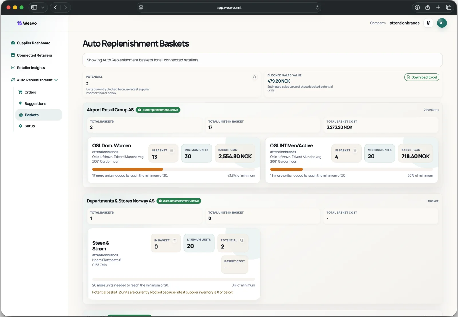 Automated order baskets with order value, minimum levels, and blocked sales potential