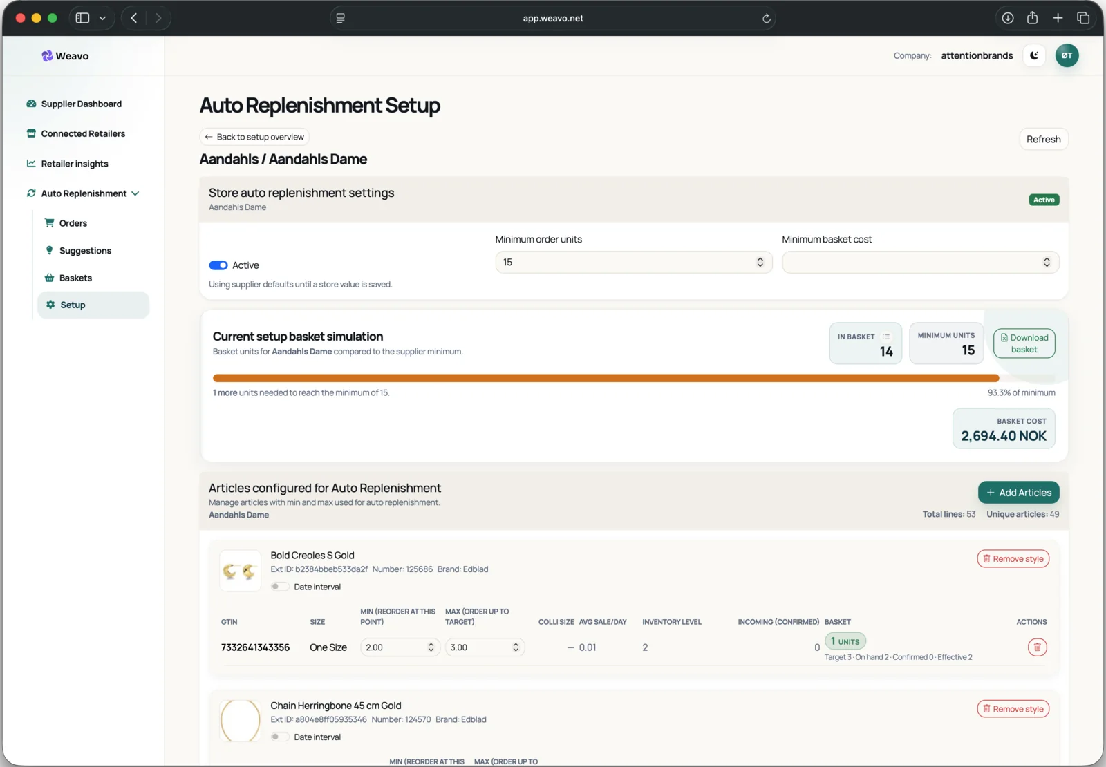 Auto-replenishment setup with store rules, products, and a simulated order basket