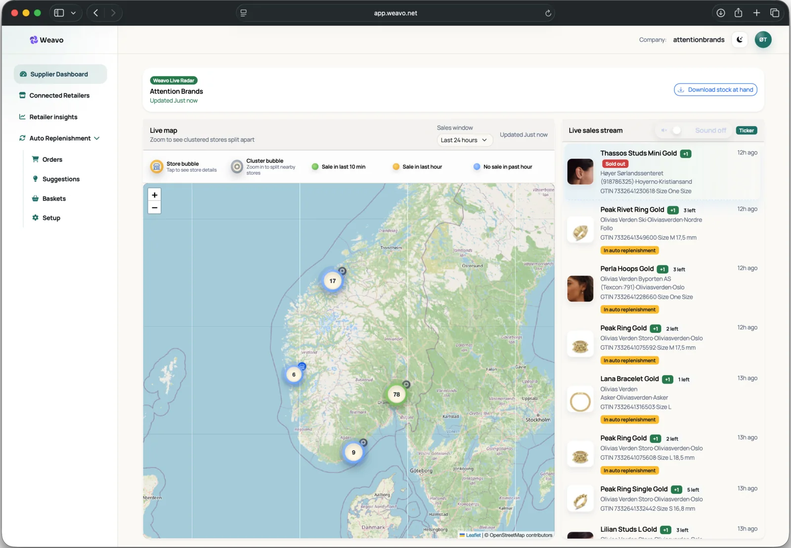 Weavo supplier dashboard with live map, sales stream, and inventory status